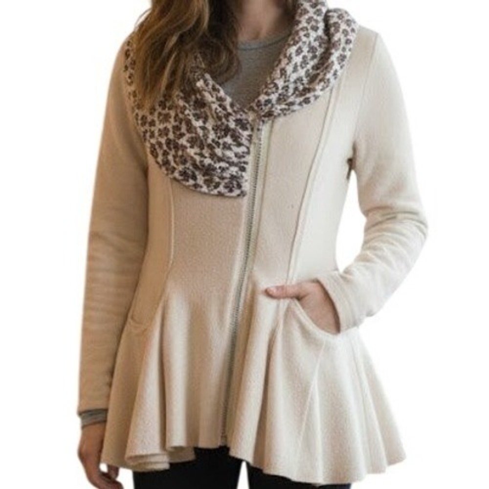 Moth Anthropologie Wool Peplum Zip Up Cardigan Sweater Cream Floral Scarf Neck M